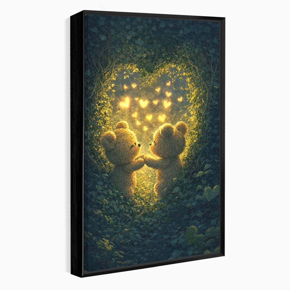 Tablou canvas cu doi ursuleti pufosi in padure, in rama de aluminiu negru
